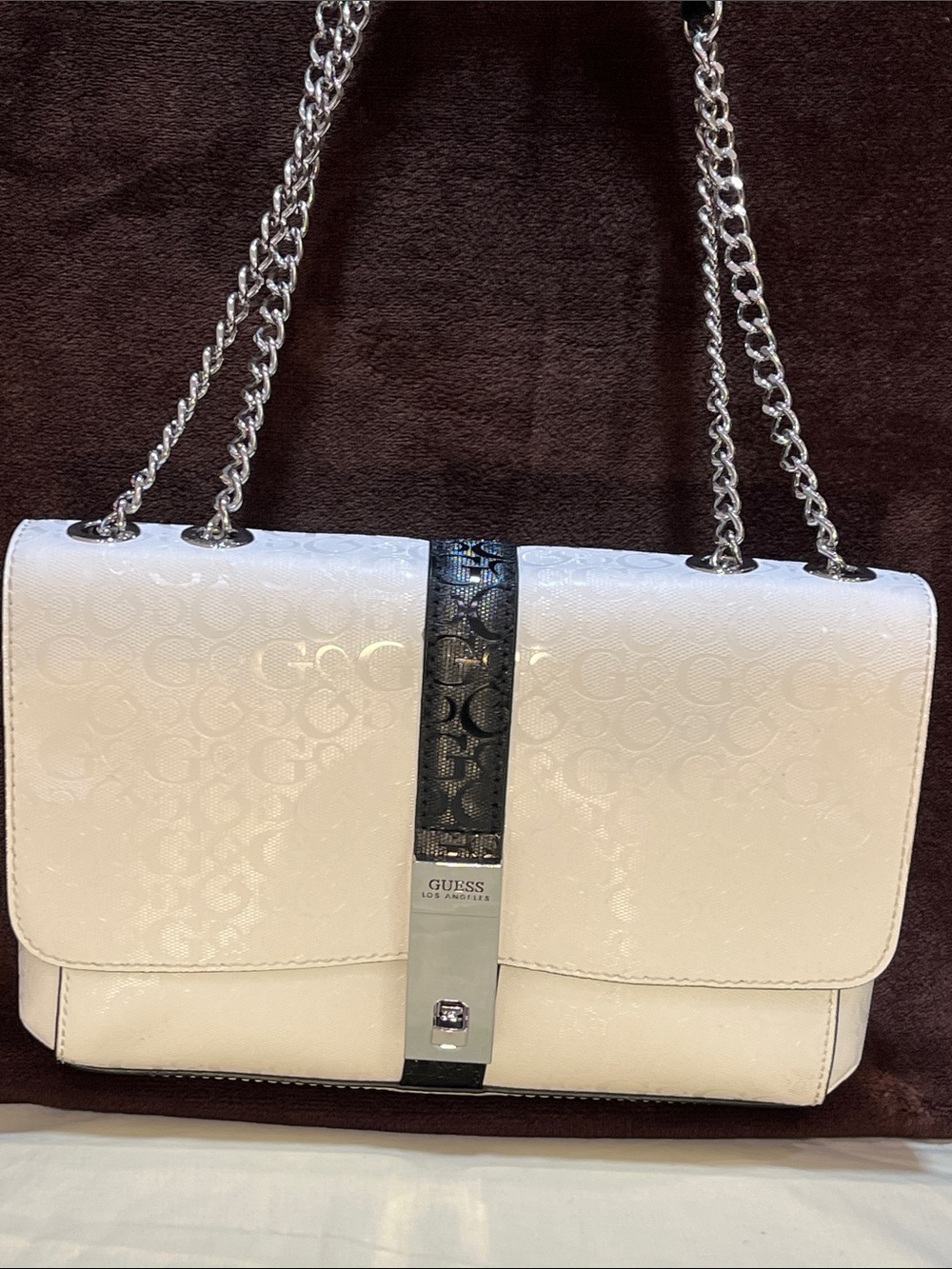 Guess White Patent Logo-Print Chain Shoulder Bag with Silver Accents